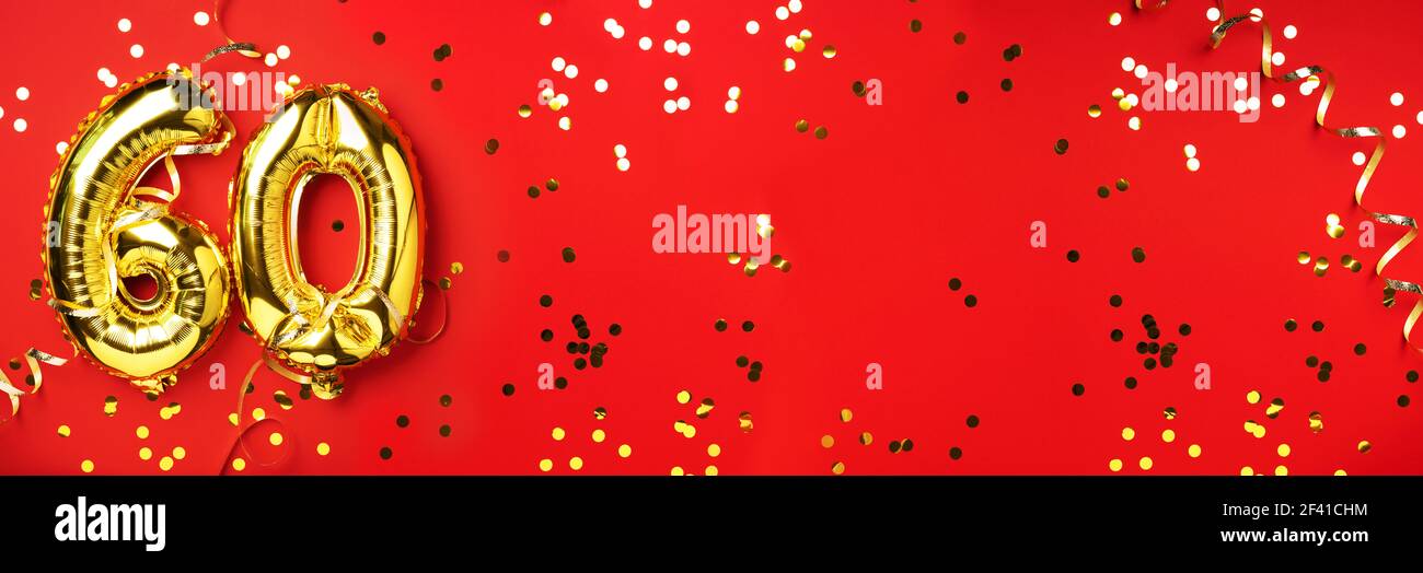 Gold foil balloon number, digit sixty. Birthday greeting card with ...