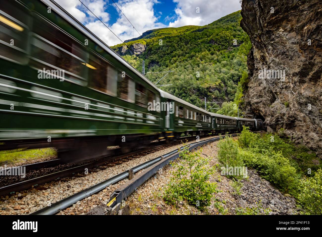 Flam Line (Norwegian Flamsbana) is a long railway tourism line between Myrdal and Flam in Aurland, Norway. Stock Photo