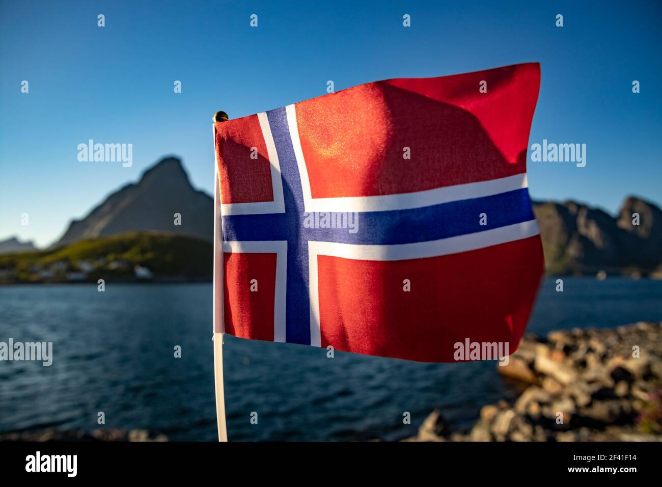 Norway Flag. Beautiful Nature Norway natural landscape. Stock Photo