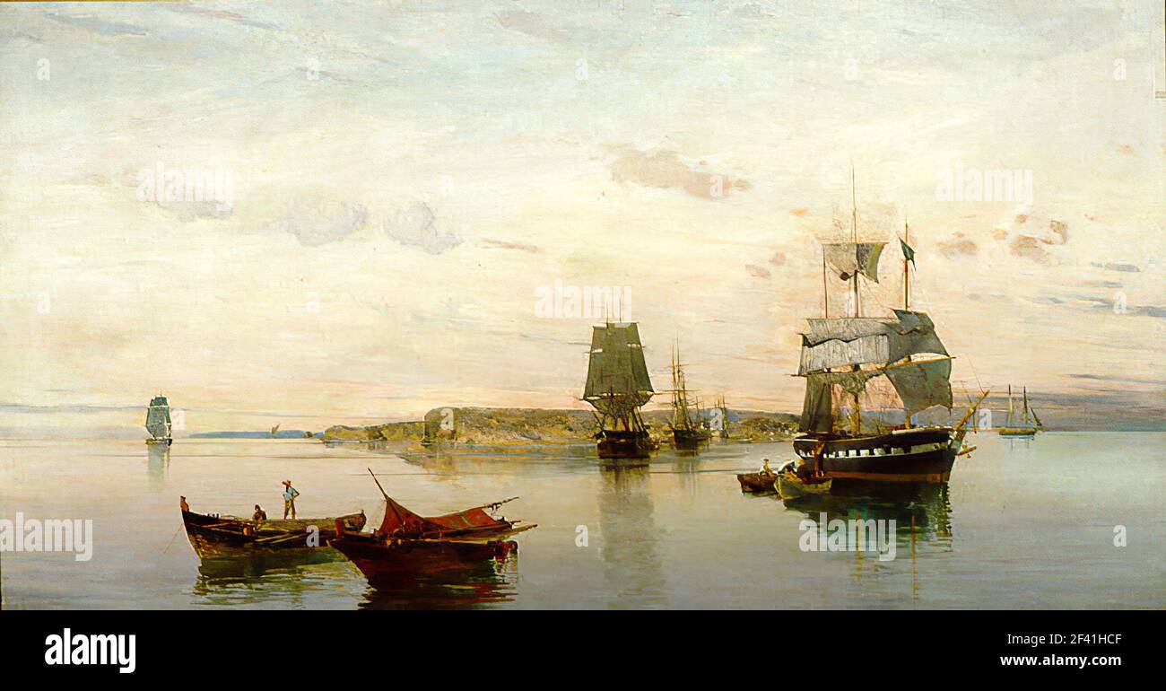 Konstantinos Volanakis - Anchored Boats 1895 Stock Photo - Alamy