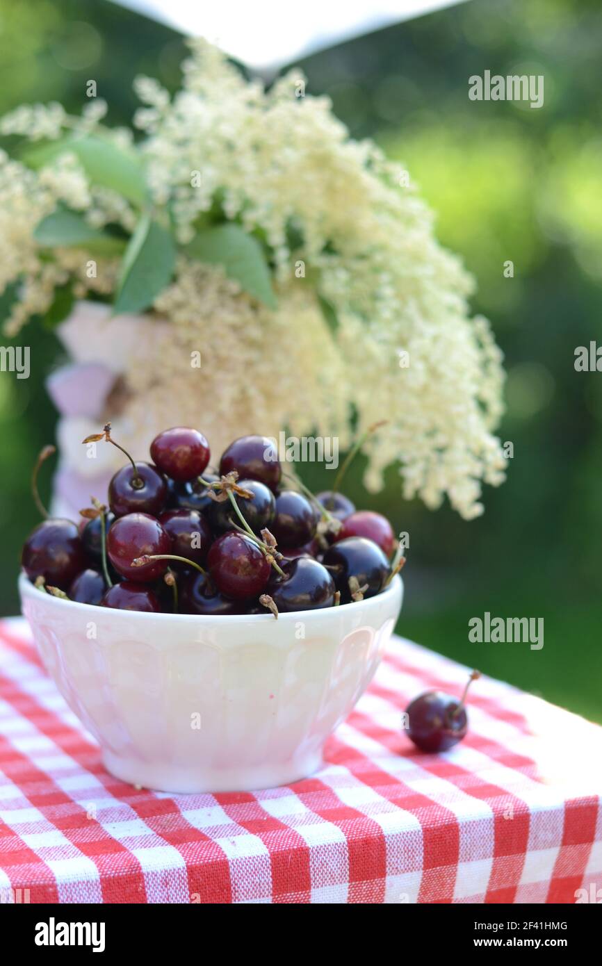 Ripe sweet cherries on a table in the summer garden Stock Photo - Alamy