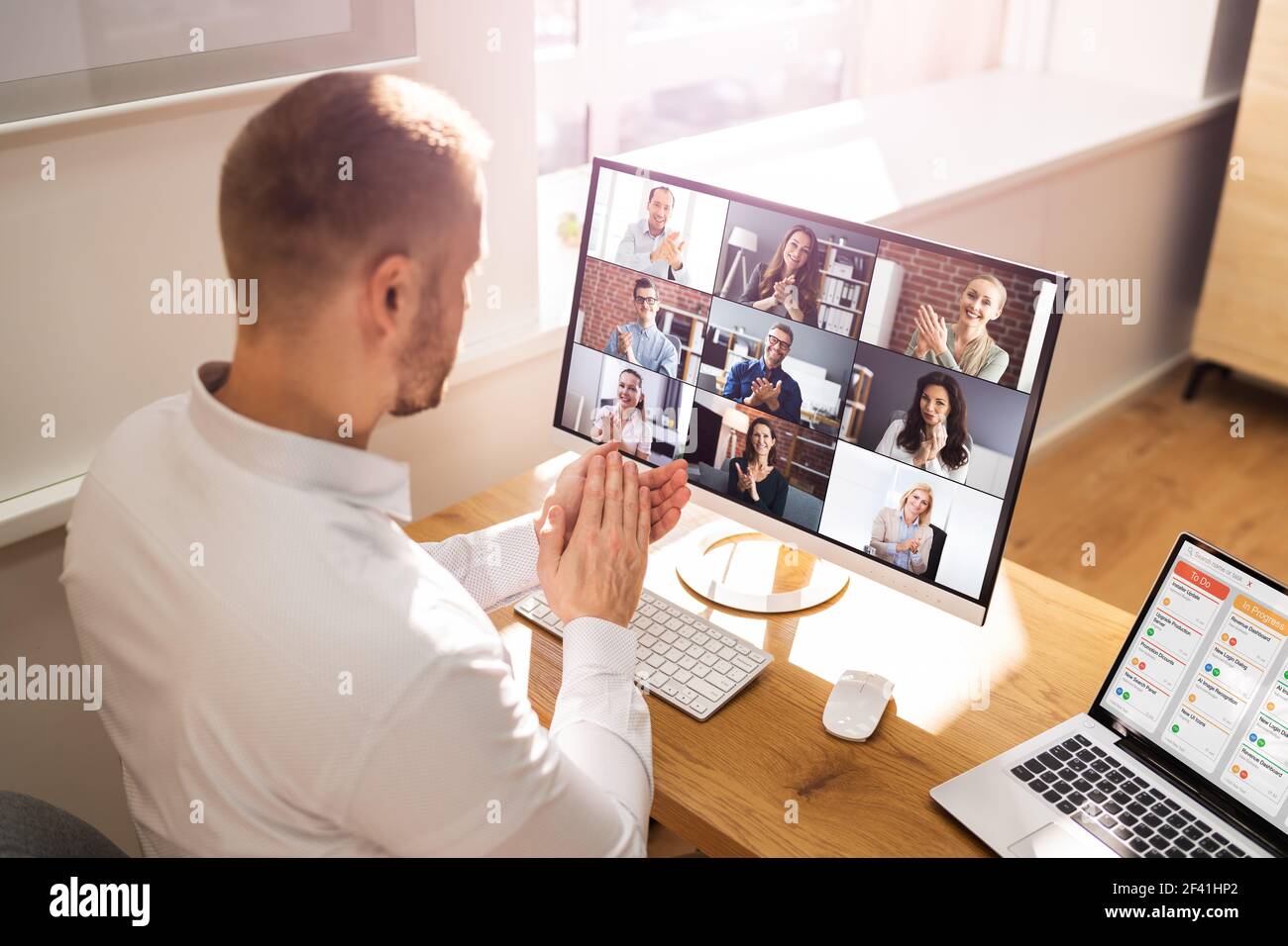Virtual Conference Meeting Interview In Office Clapping Stock Photo