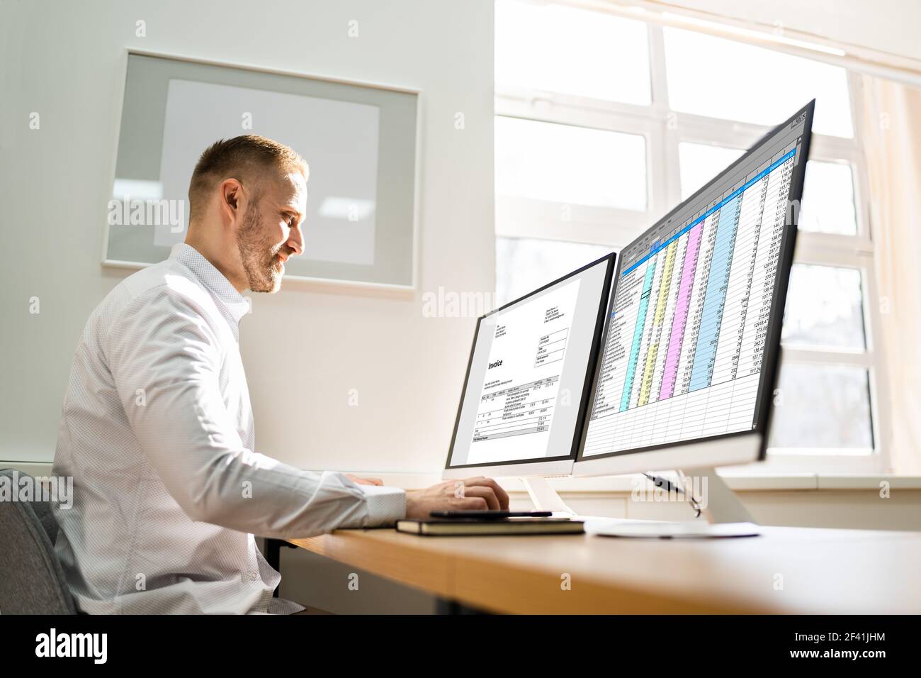 Spreadsheet Analyst Employee Worker. Medical Report On Computer Stock Photo