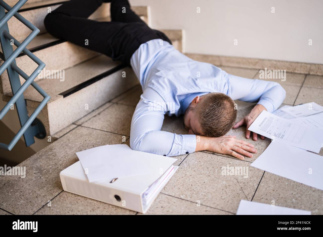 Slip Fall Accident. Fell Down On Stairs Stock Photo