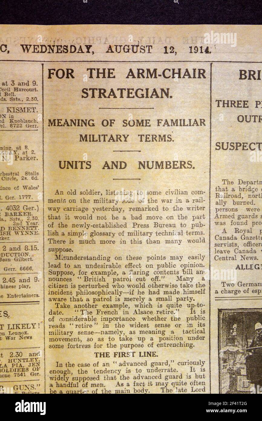 'For the Arm-chair strategian' educating readers on military terms 'The Daily Graphic' wartime magazine (12th August 1914), replica WWI memorabilia. Stock Photo