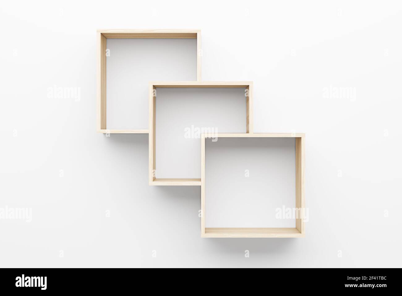 empty wooden shelves on white wall with light from the top. 3d ...