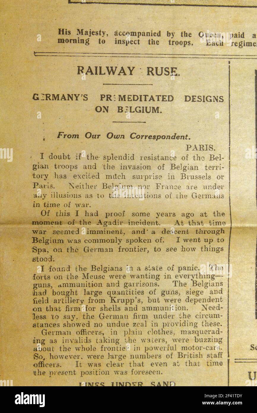 Article on Germany's intentions at the start of WWI, 'The Daily Graphic' wartime magazine (12th August 1914), replica memorabilia from the WWI era. Stock Photo
