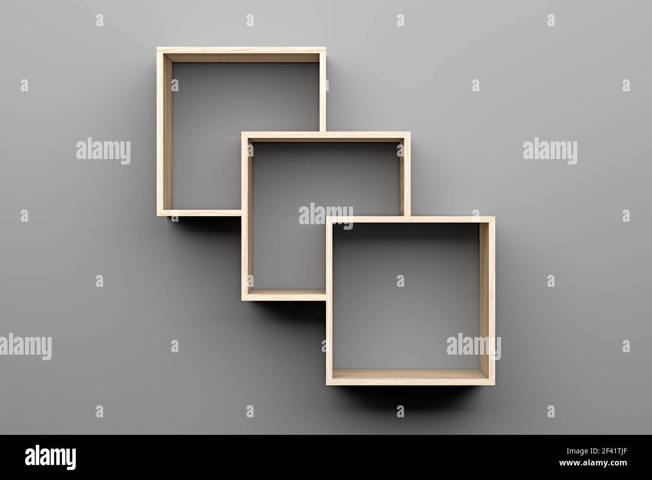 empty wooden shelves on gray wall with light from the top. 3d ...
