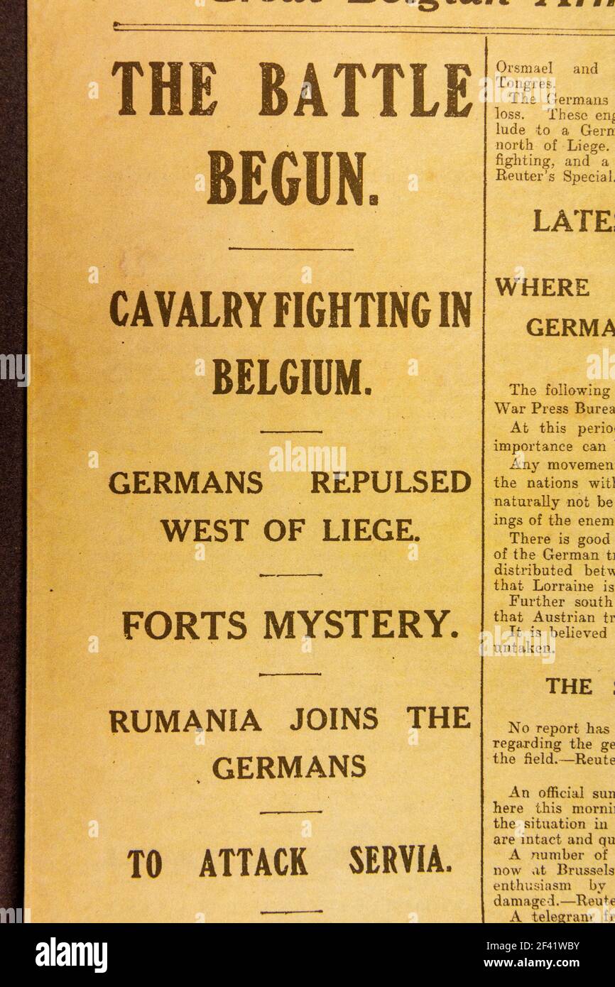'The Battle Begun', Germans 'Repulsed west of Liege', headlines at the start of WWI, 'The Daily Graphic' (12th August 1914), replica WWI memorabilia. Stock Photo