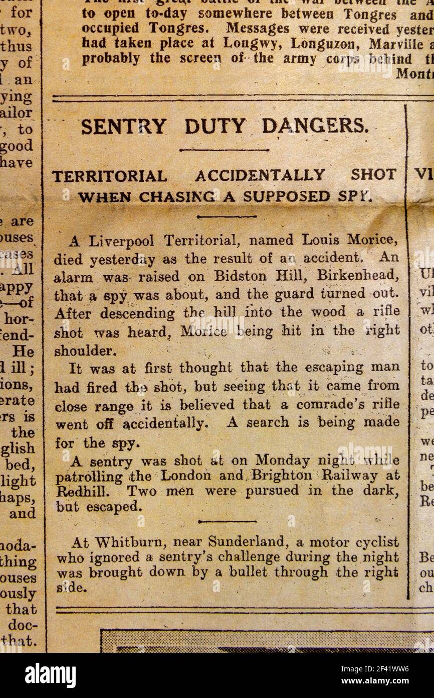 'Sentry Duty Dangers' when a soldier shot accidentally hunting a spy, 'The Daily Graphic' wartime magazine (12th August 1914), replica WWI memorabilia Stock Photo