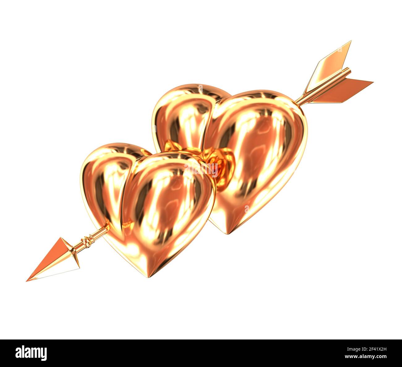 Two gold heart pierced by a golden arrow isolated on white background ...