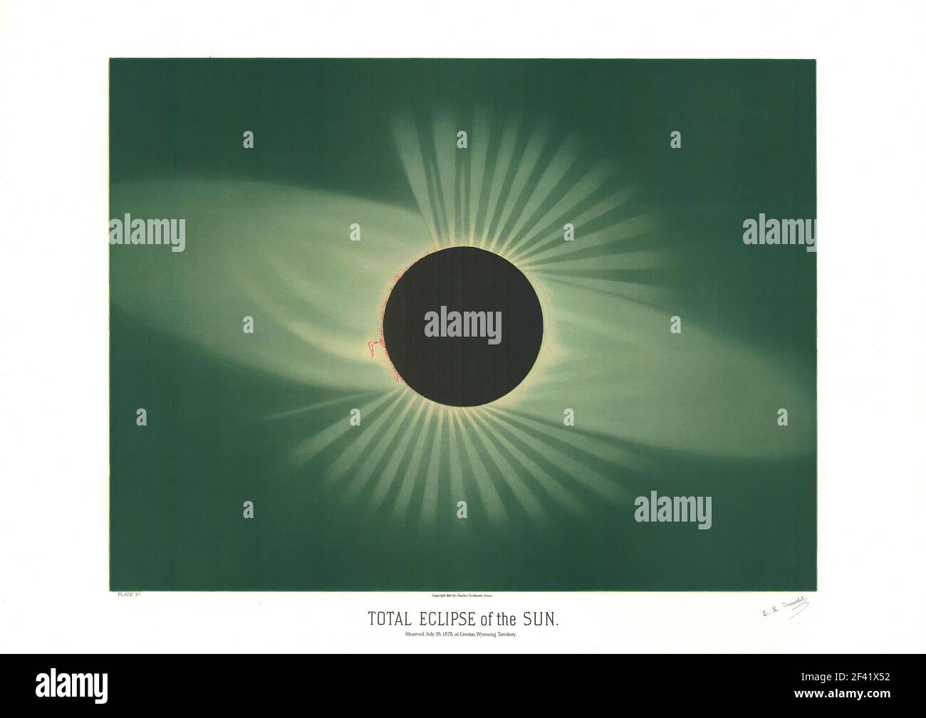Etienne Trouvelot work of art entitled Total Eclipse of the Sun. The sun's rays visible from behind the moon disc. Stock Photo