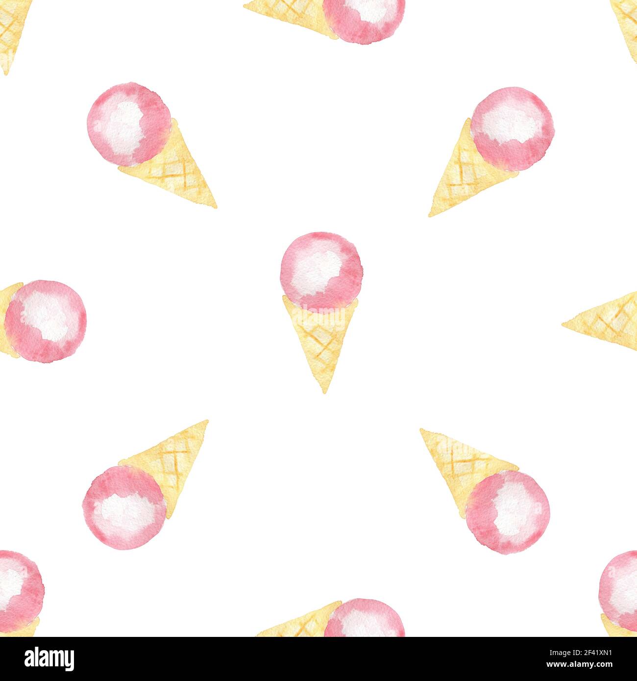 Watercolor seamless pattern with pink ice cream in a waffle cone on a ...