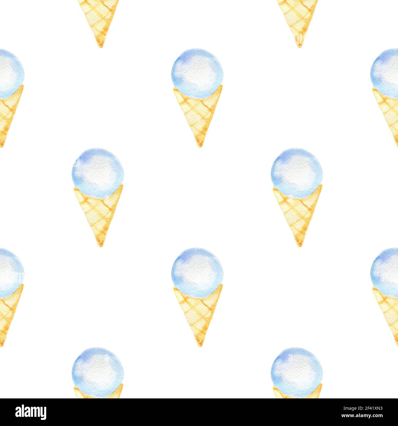 Watercolor seamless pattern with blue ice cream in a waffle cone on a ...