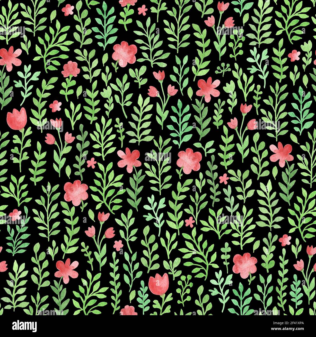 Watercolor floral seamless pattern with green flowers and leaves on a ...