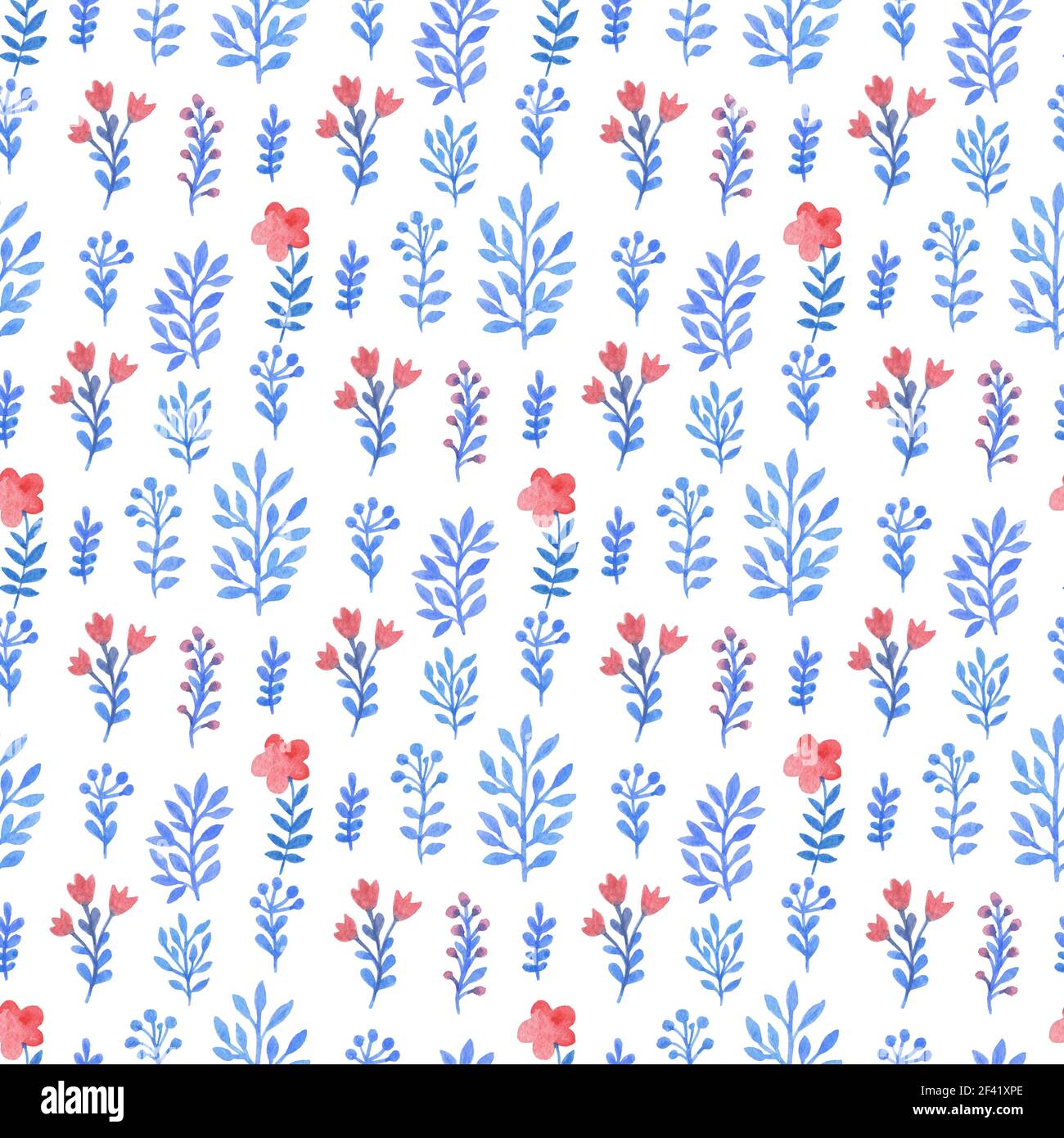 Watercolor floral seamless pattern with blue flowers and leaves on a ...