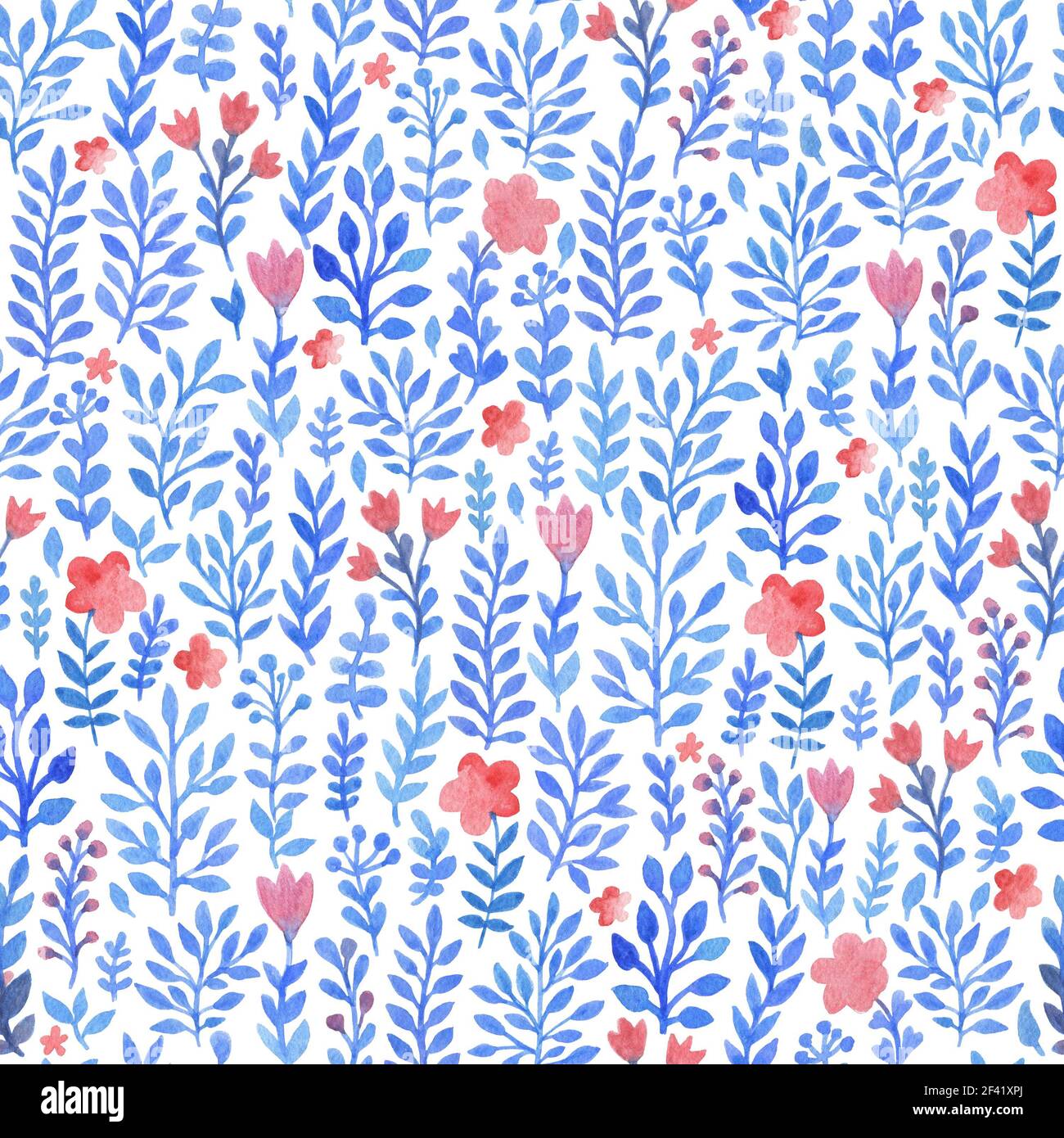 Watercolor floral seamless pattern with blue flowers and leaves on a ...