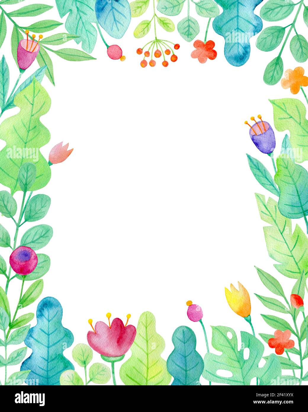 Watercolor floral frame with flowers and green leaves on a white ...