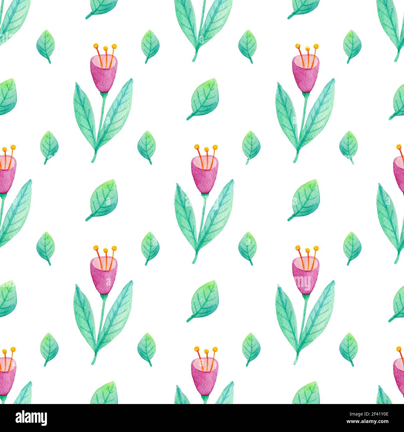 Watercolor floral seamless pattern with pink flowers and green leaves ...