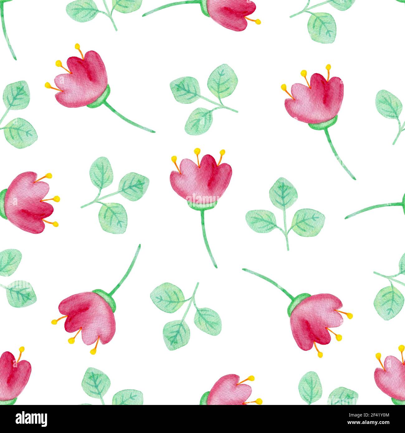 Watercolor floral seamless pattern with pink flowers and green leaves ...
