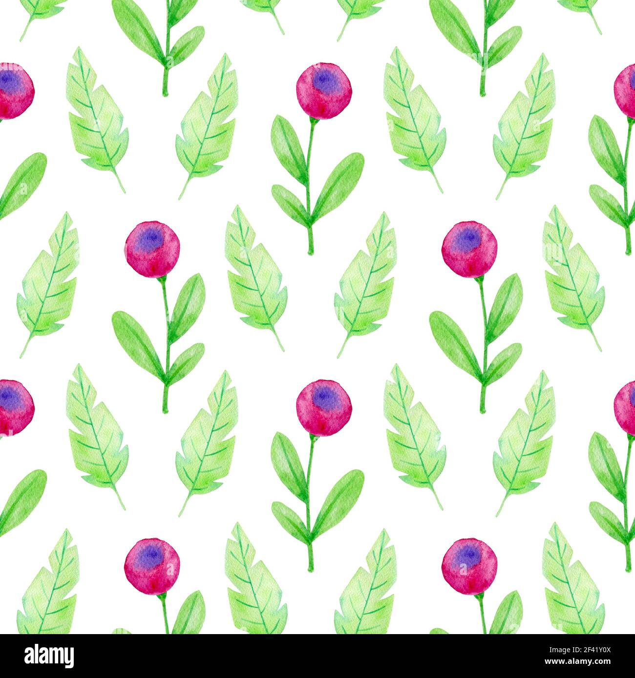 Watercolor floral seamless pattern with pink flowers and green leaves ...