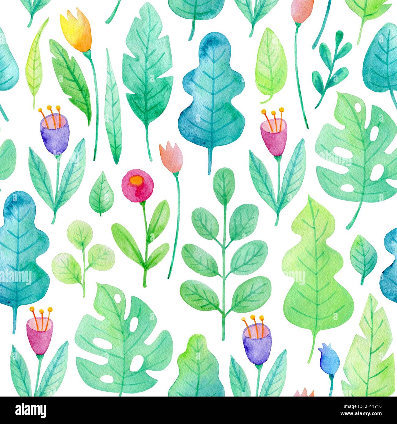 Watercolor floral seamless pattern with flowers and green leaves. Hand ...