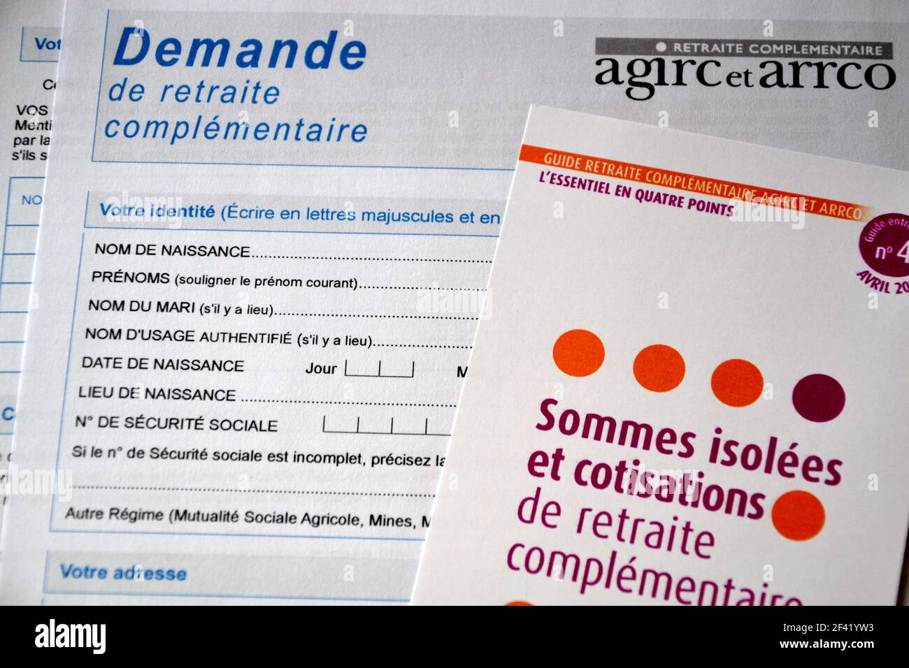 In this photo illustration, a brochure on a supplementary pension application form.The supplementary pension scheme for executives and private sector employees Agirc-Arrco announced a deficit of 4.8 billion euros for the year 2020. Stock Photo