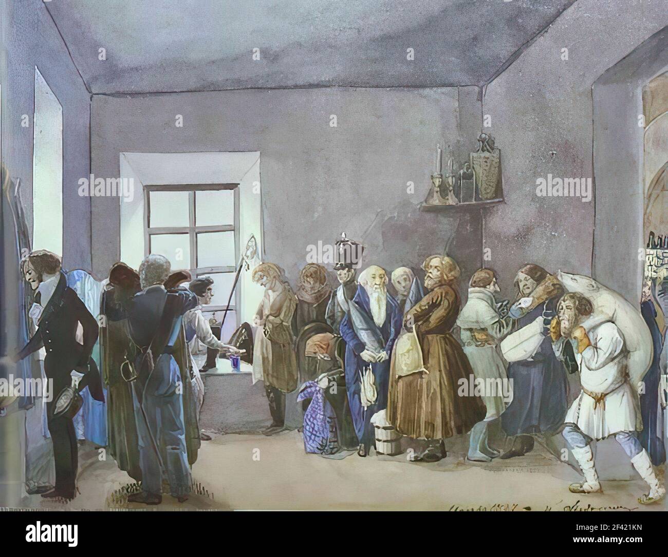 Pavel Fedotov - Police Commissary S Reception Room Night Before Holiday 1837 Stock Photo