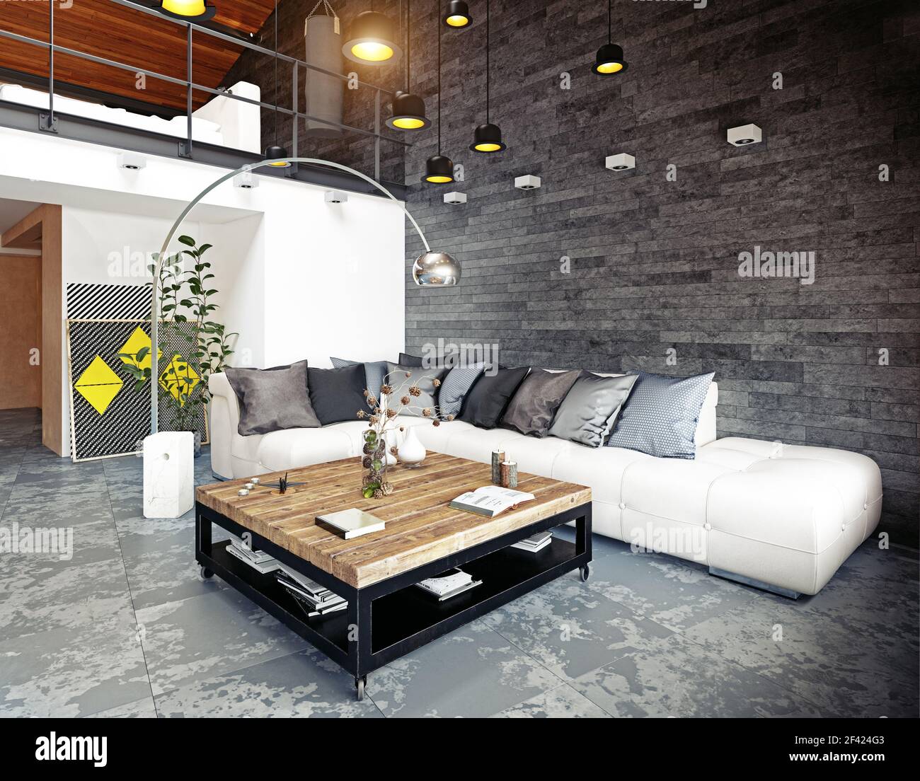 modern loft living room interior. 3d rendering design concept Stock Photo