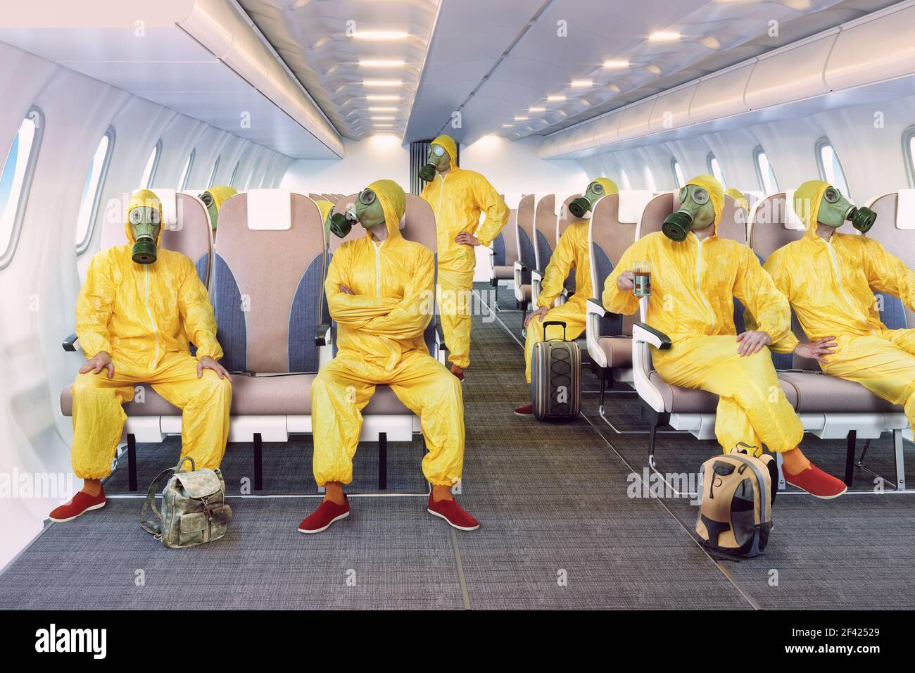 the gas maskpeople in the airplane interior. Photo and media mixed  concept Stock Photo