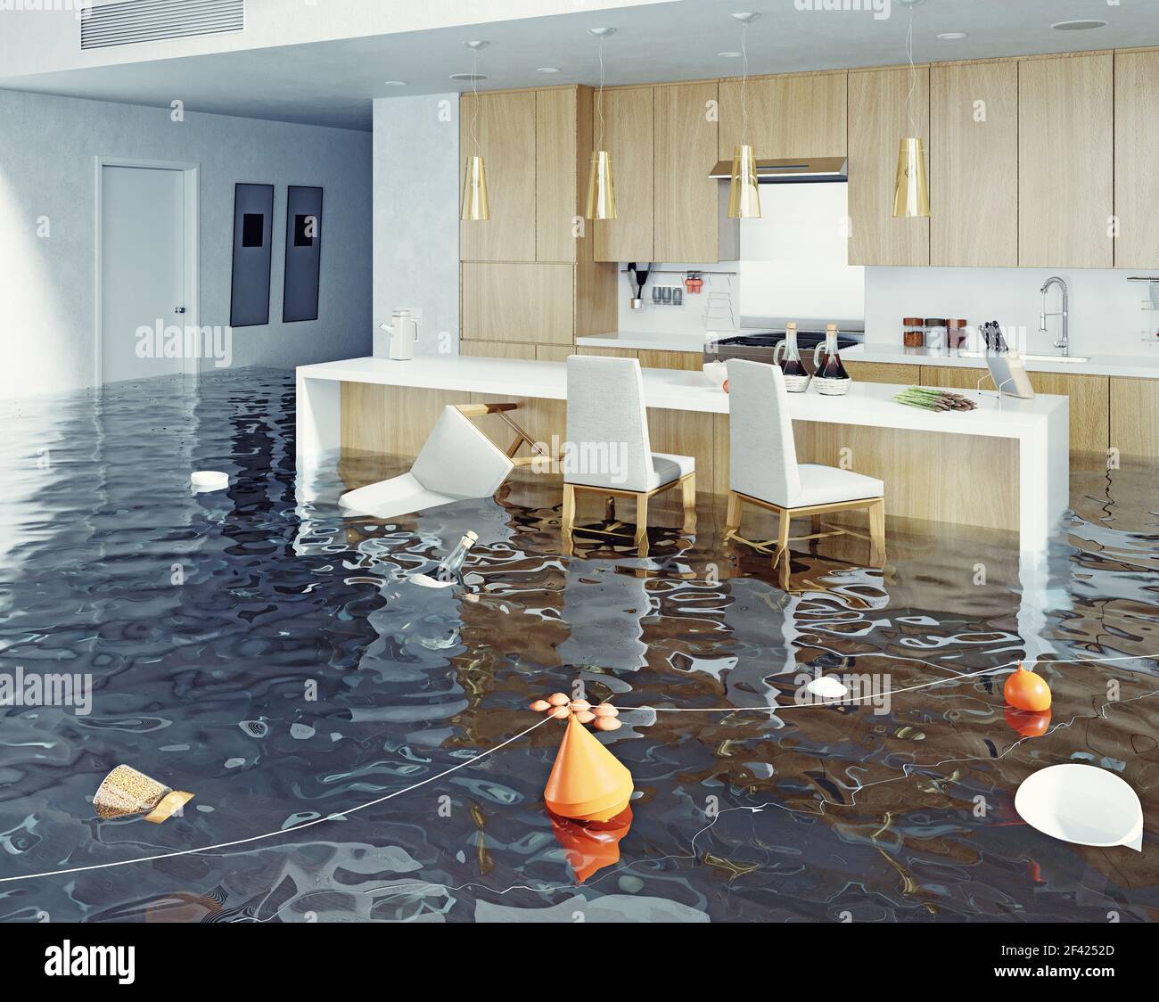 flooding kitchen interior. 3d rendering idea Stock Photo - Alamy
