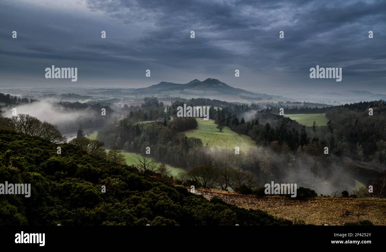 The Eildon Hills from Scotts View overlooking the site of Old Melrose ...