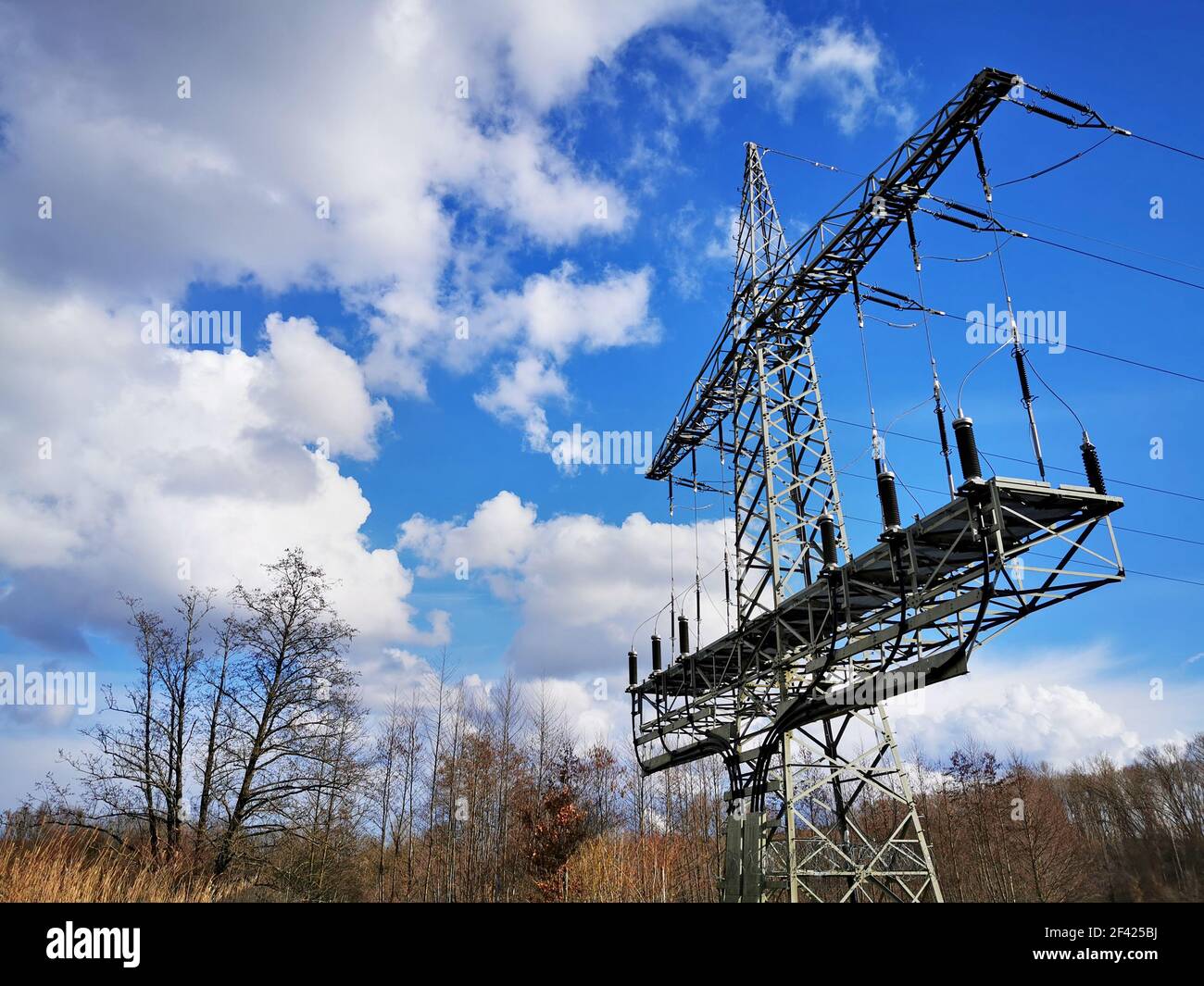 Power supply over land, high voltage pylon in landscape under cloudy sky, environmental stress Stock Photo