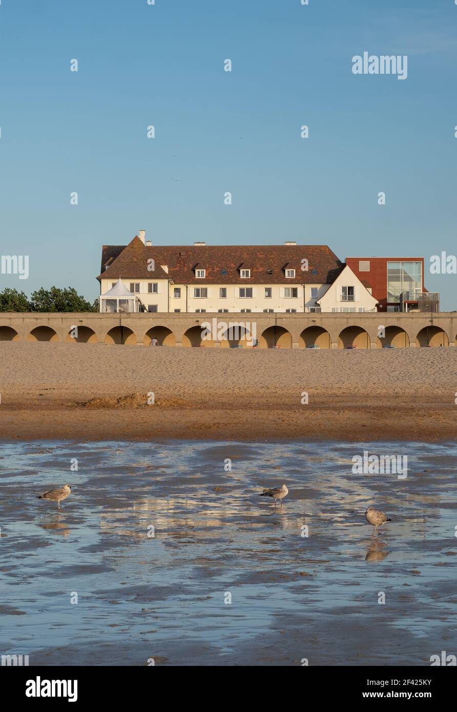 Beach and seagulls in front of the Royal Villa in Ostend, Belgium. Stock Photo