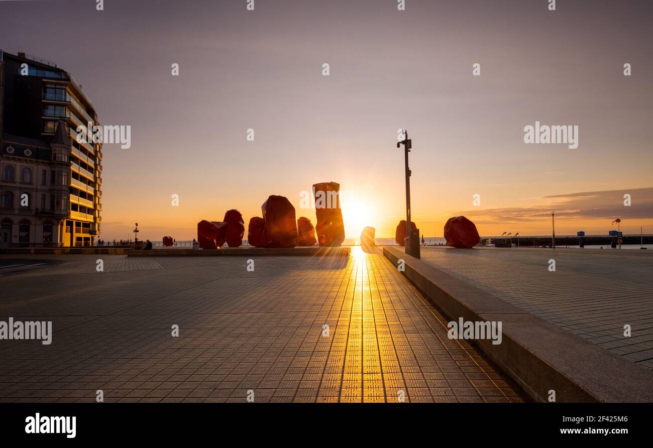 The Conceptual work of art 'Rock Strangers' by Belgian artist Arne Quinze next to the beach of Ostend. Stock Photo