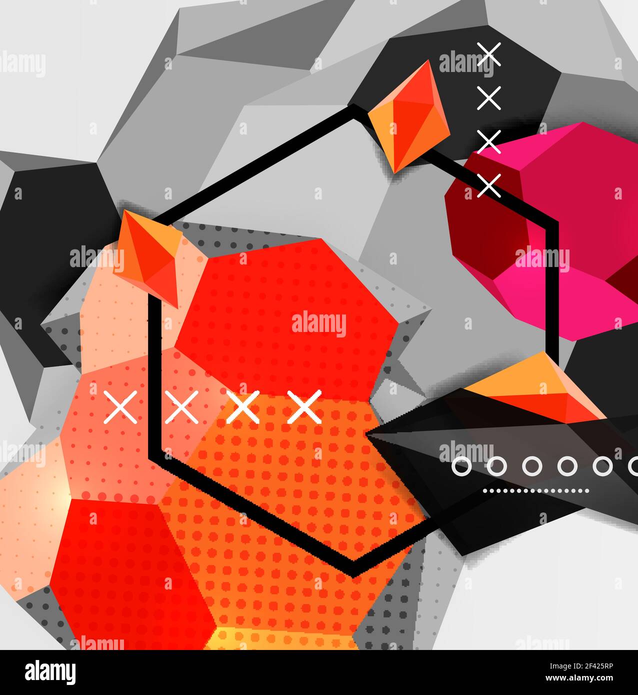 Color 3d geometric composition poster. Color 3d geometric composition poster. Vector illustration of colorful triangles, pyramids, hexagons and other shapes on grey background Stock Vector
