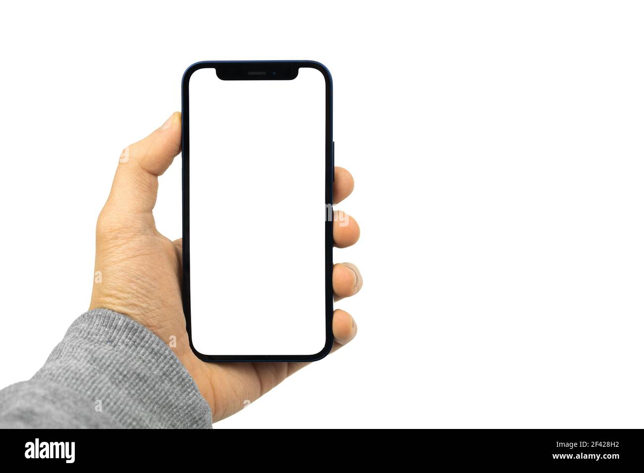 Mockup hand holding modern mobile phone with blank white screen on ...