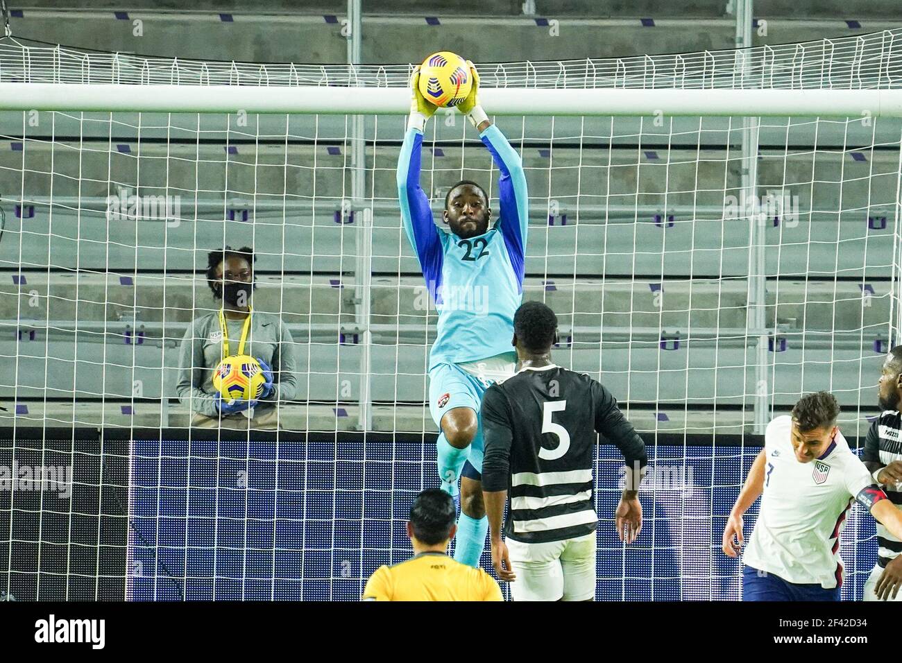 Orlando, Florida, USA, January 31, 2021, Trinidad and Tobago Goalkeeper Adrian Foncette #22 makes a save an International Friendly Match against USA.  (Photo Credit:  Marty Jean-Louis) Stock Photo