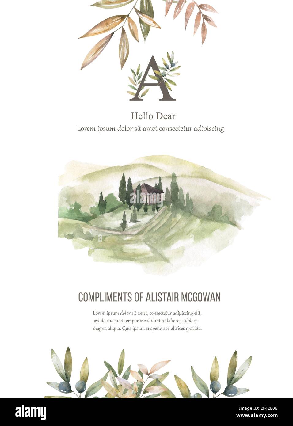 wedding invitation set with green landscape watercolor illustration on ...