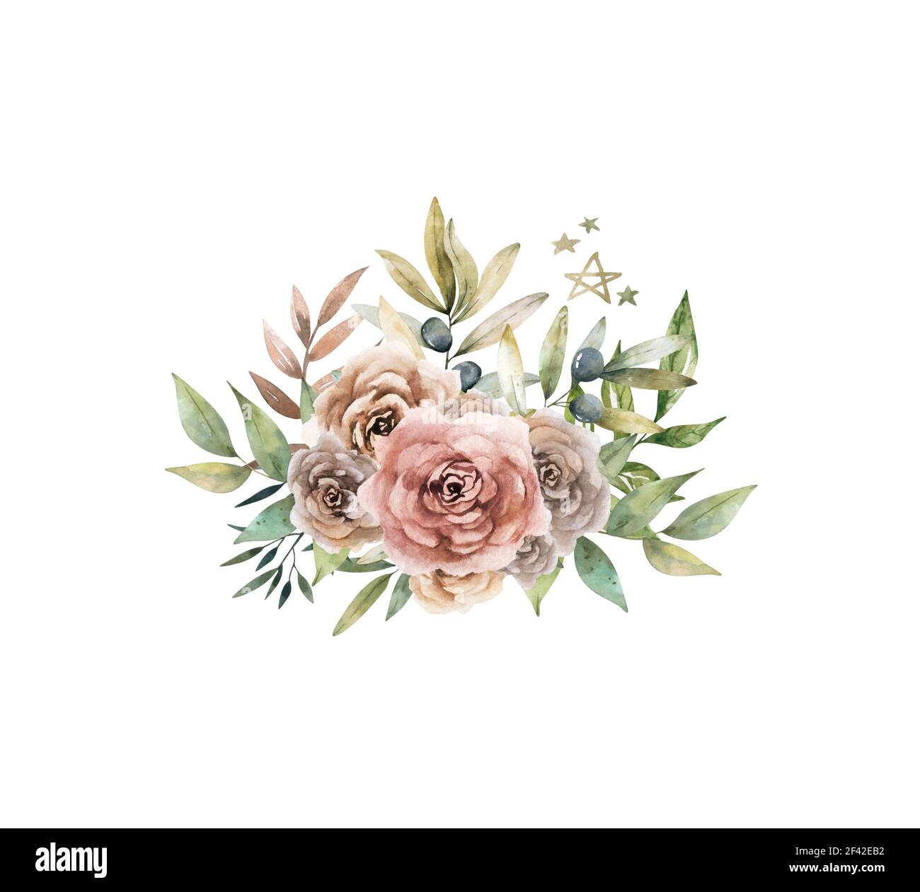 Hand Drawn Watercolor Bouquet With Red White And Blue Roses Peony And Lilac Flowers And Green Leaves Isolated On White Background For Wedding Stock Photo Alamy