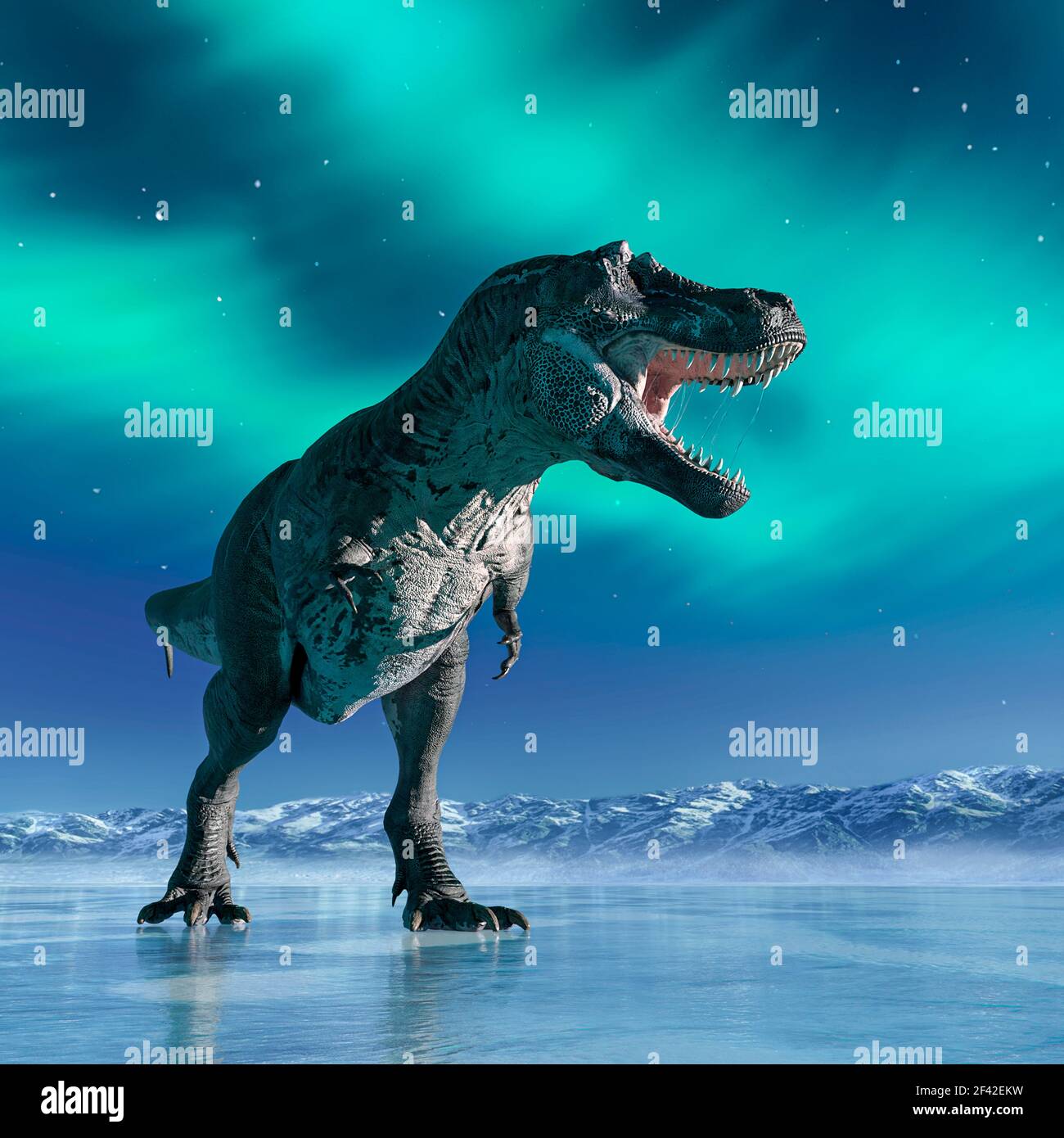 tyrannosaurus rex is running on ice age, 3d illustration Stock Photo - Alamy