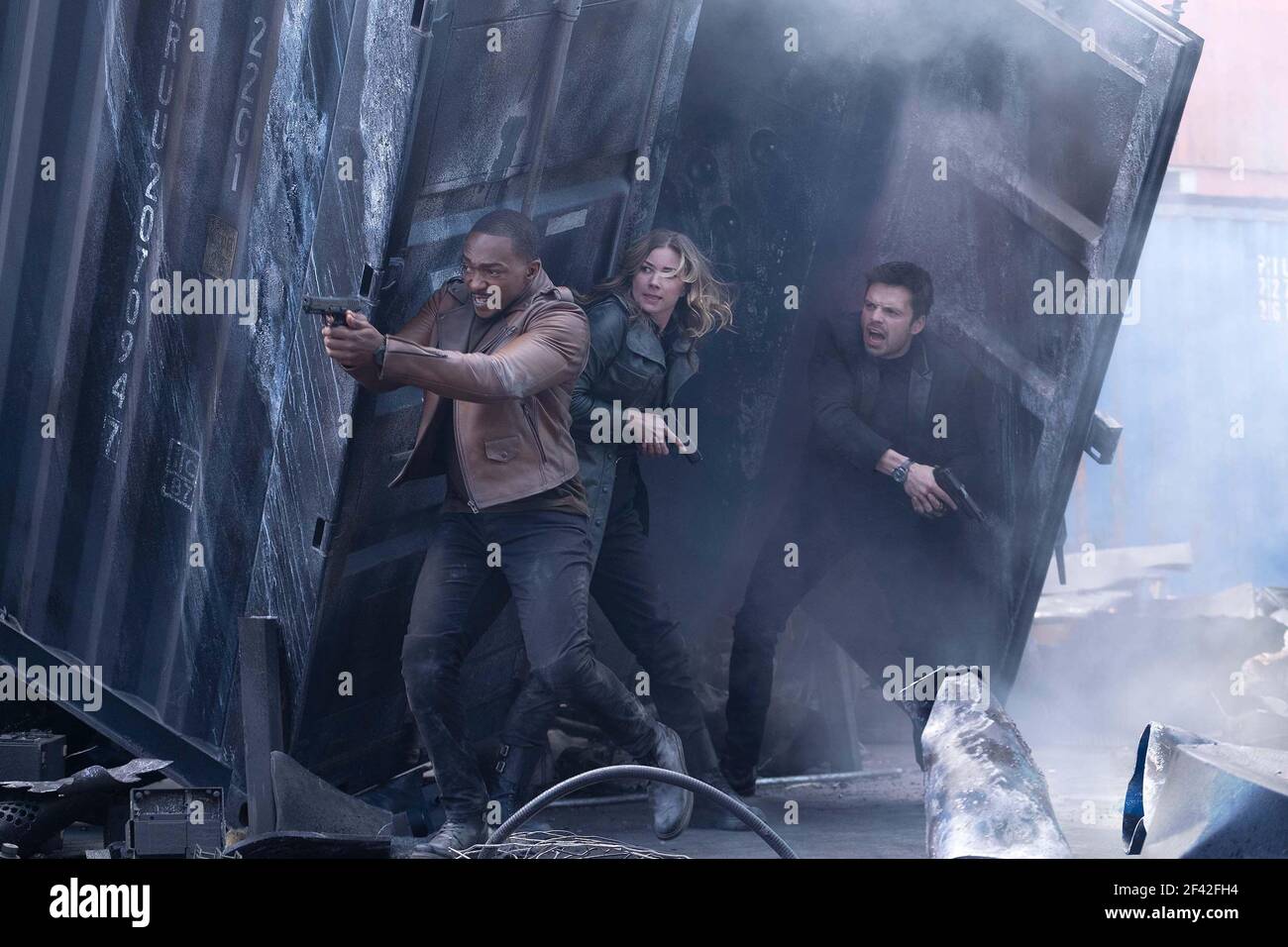 'The Falcon and the Winter Soldier', starring Anthony Mackie as Sam Wilson, Sebastian Stan as Bucky Barnes and Emily VanCamp as Agent 13 Stock Photo