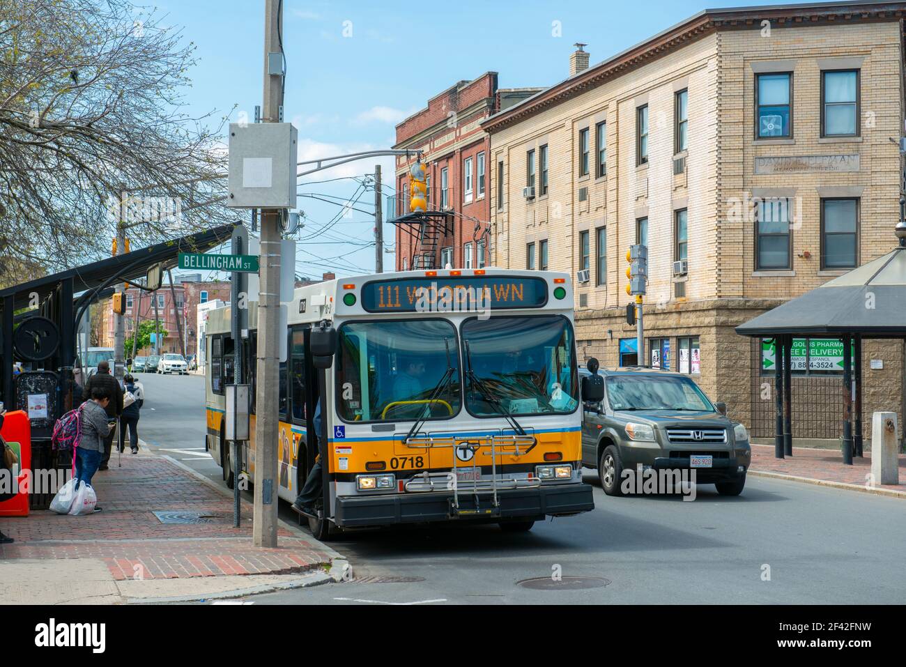 MBTA Bus Route 111 New Flyer D40LF Diesel bus at Bellingham Square in downtown Chelsea, Massachusetts MA, USA. Stock Photo