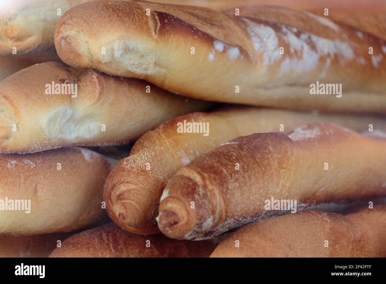 loaves of french baguette of bread oiled in a store display window Stock Photo