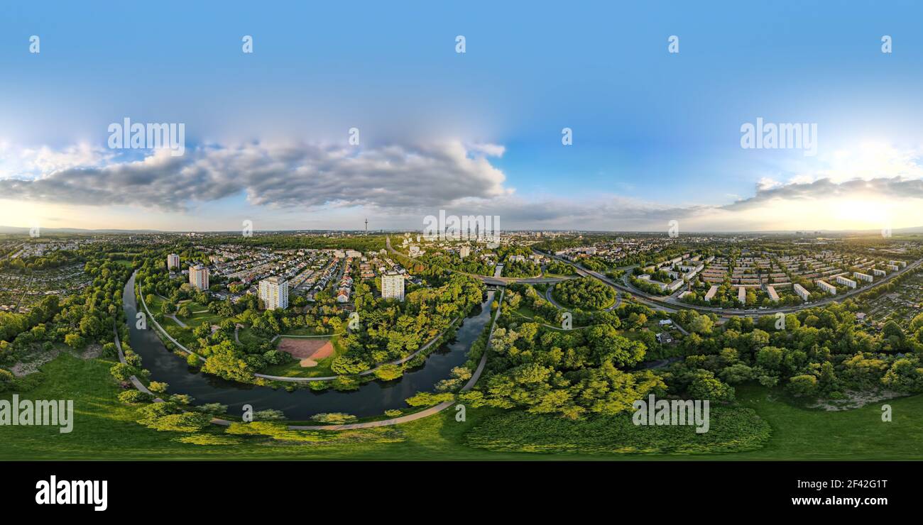 Beautiful aerial 360 Panorama view on european finance center city Frankfurt am Main downtown skyline in spring.  Blue sky, clouds, green trees. Hesse Stock Photo