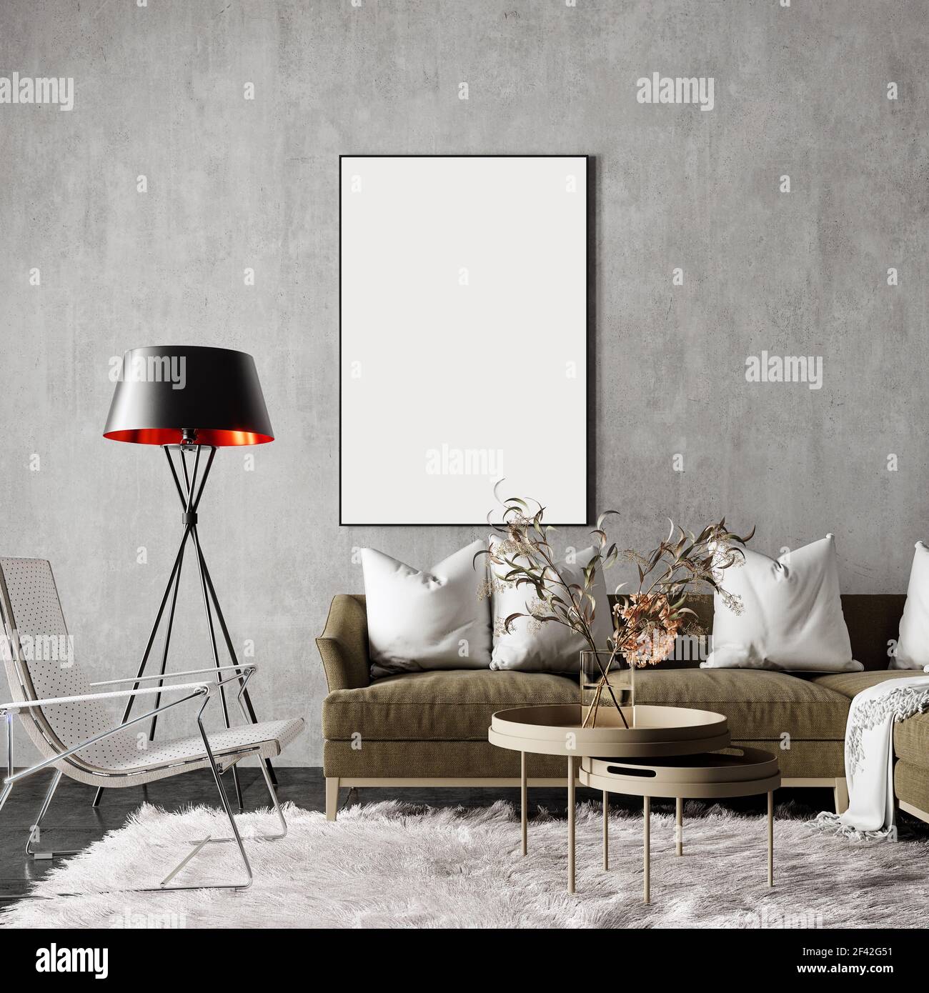 Modern living room interior design with white carpet and empty picture frame on the wall 3D Rendering, 3D Illustration Stock Photo