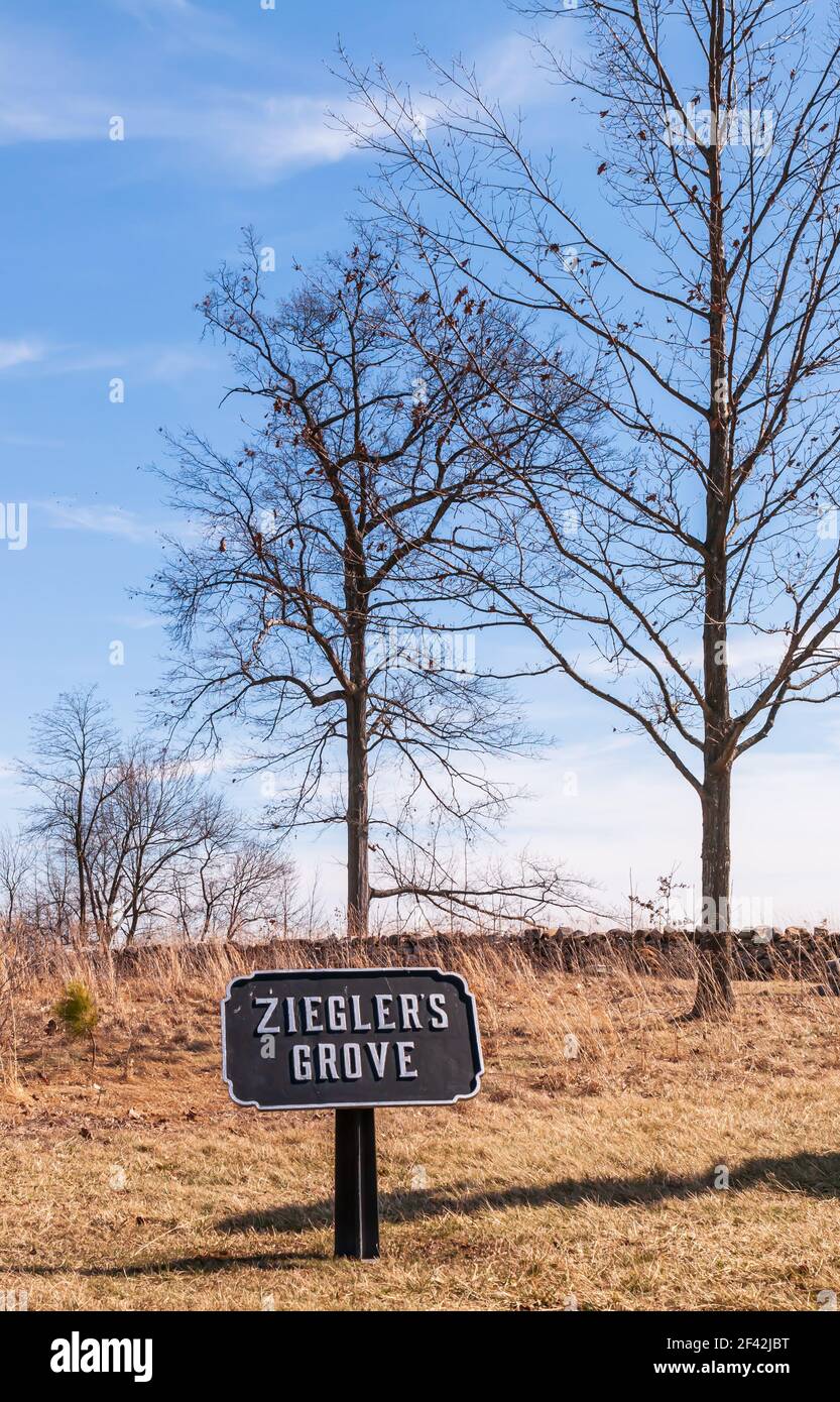 A brass sign for Ziegler's Grove on the battle field at the Gettysburg
