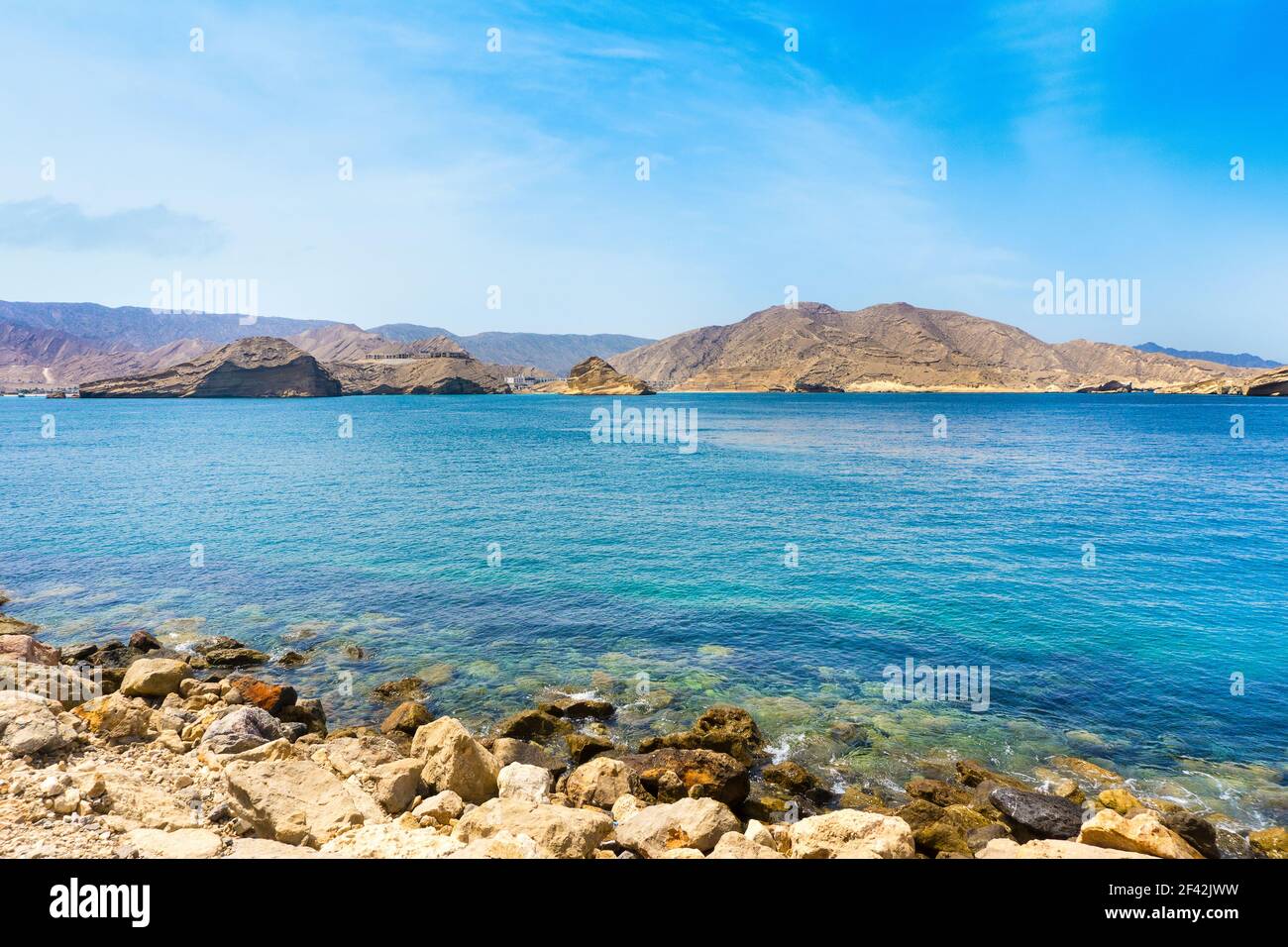 Beautiful landscape of Muscat coast, Omani Bay and Hajjar mountains, Oman Stock Photo
