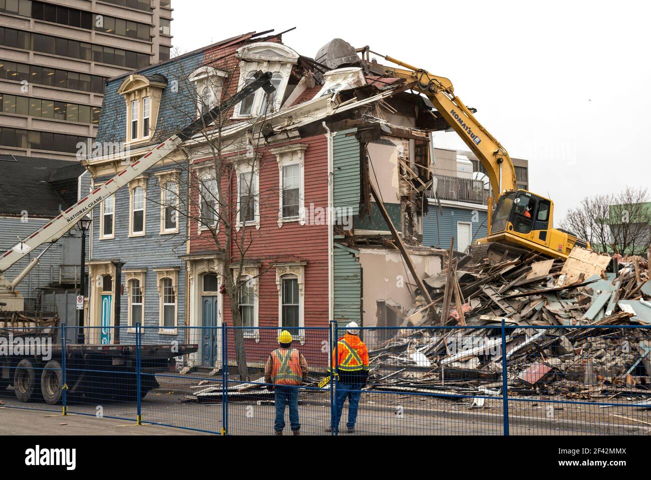 Saint John, New Brunswick, Canada - April 8, 2017: The historic 'jellybean' houses are demolished. These houses survived the Great Fire of 1877. Stock Photo