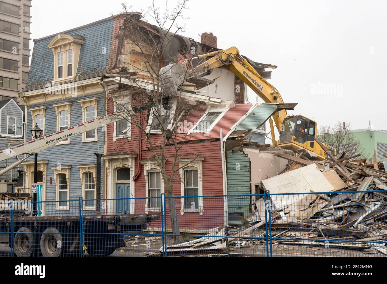 Saint John, New Brunswick, Canada - April 8, 2017: The historic 'jellybean' houses are demolished. These houses survived the Great Fire of 1877. Stock Photo